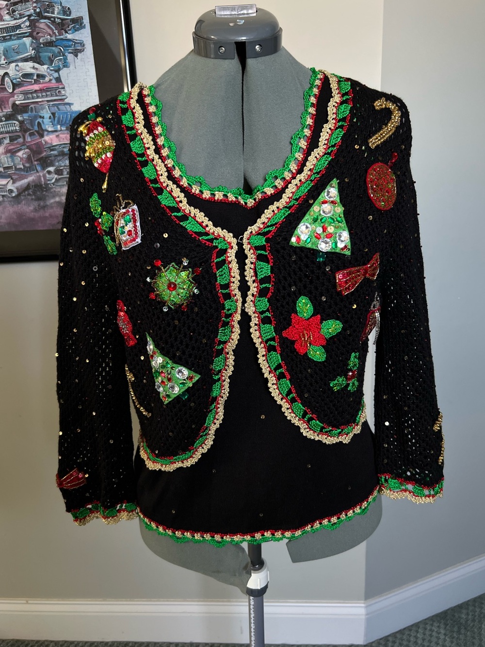 Berek 2 Pc Christmas Sweater cardigan Set  beaded embroidered crochet trim